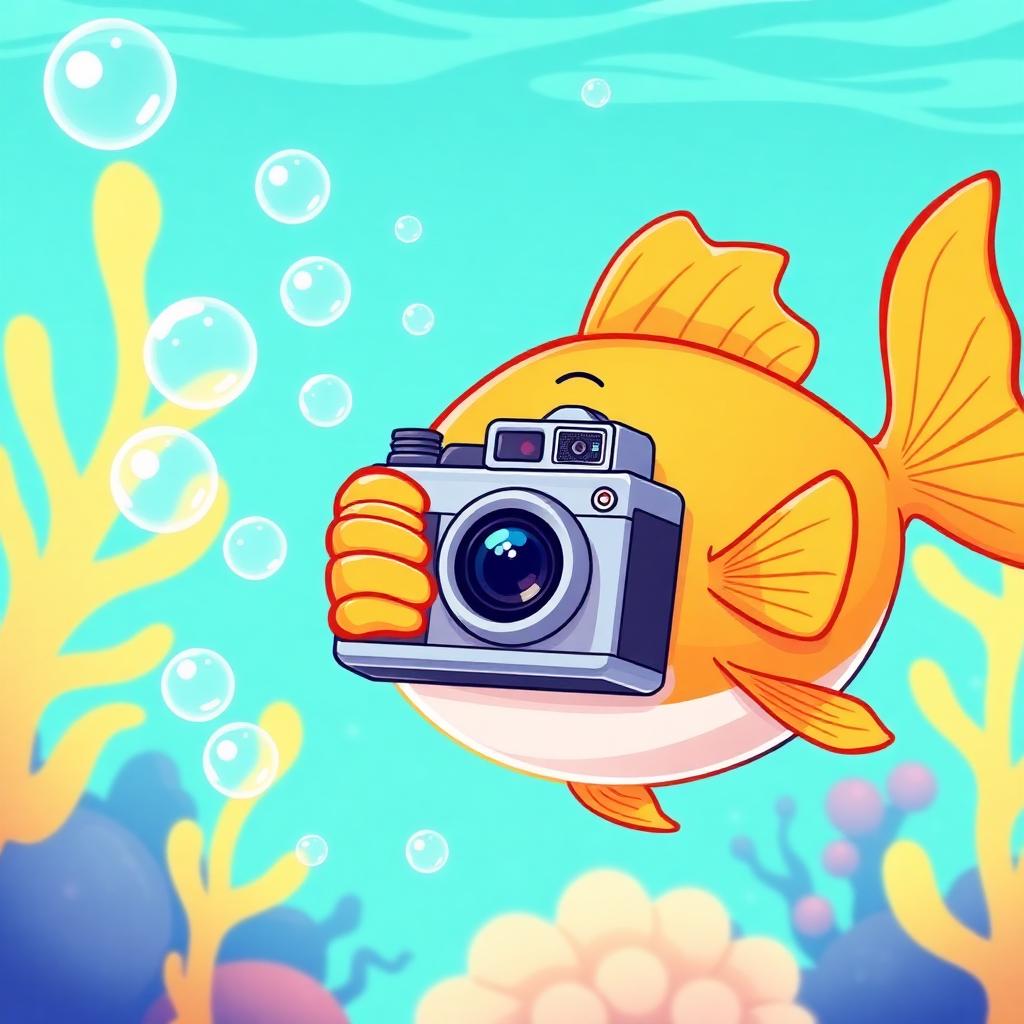 Peixe feliz tirando uma foto com uma câmera